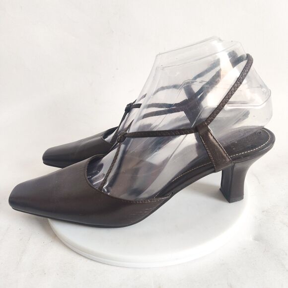 90s Y2K Life Stride Heels 8 Narrow Brown Pointy Square Toe Slingback Leather - Picture 5 of 12
